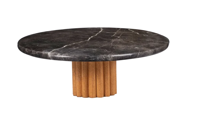 Black Marble Cake Stand With Fluted Wooden Base