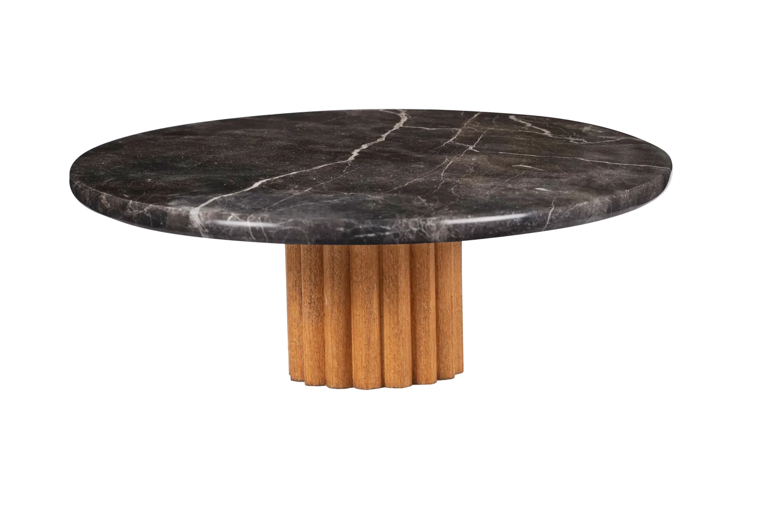 Black Marble Cake Stand With Fluted Wooden Base