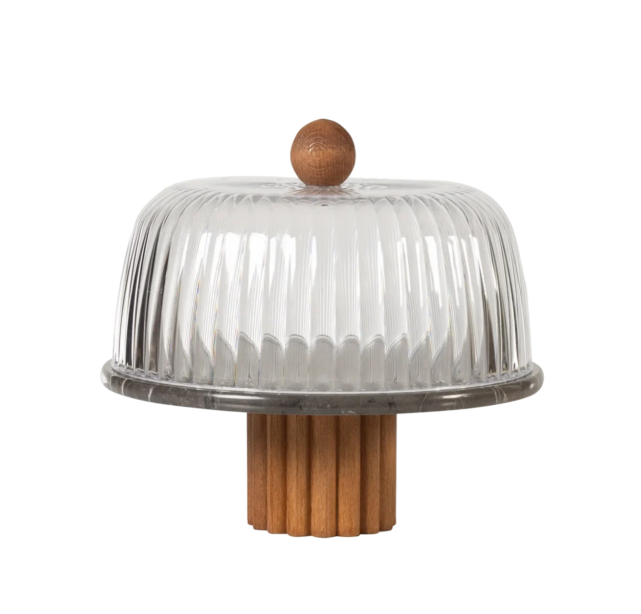 Black Marble Cake Stand With Glass Dome And Fluted Wooden Pedestal