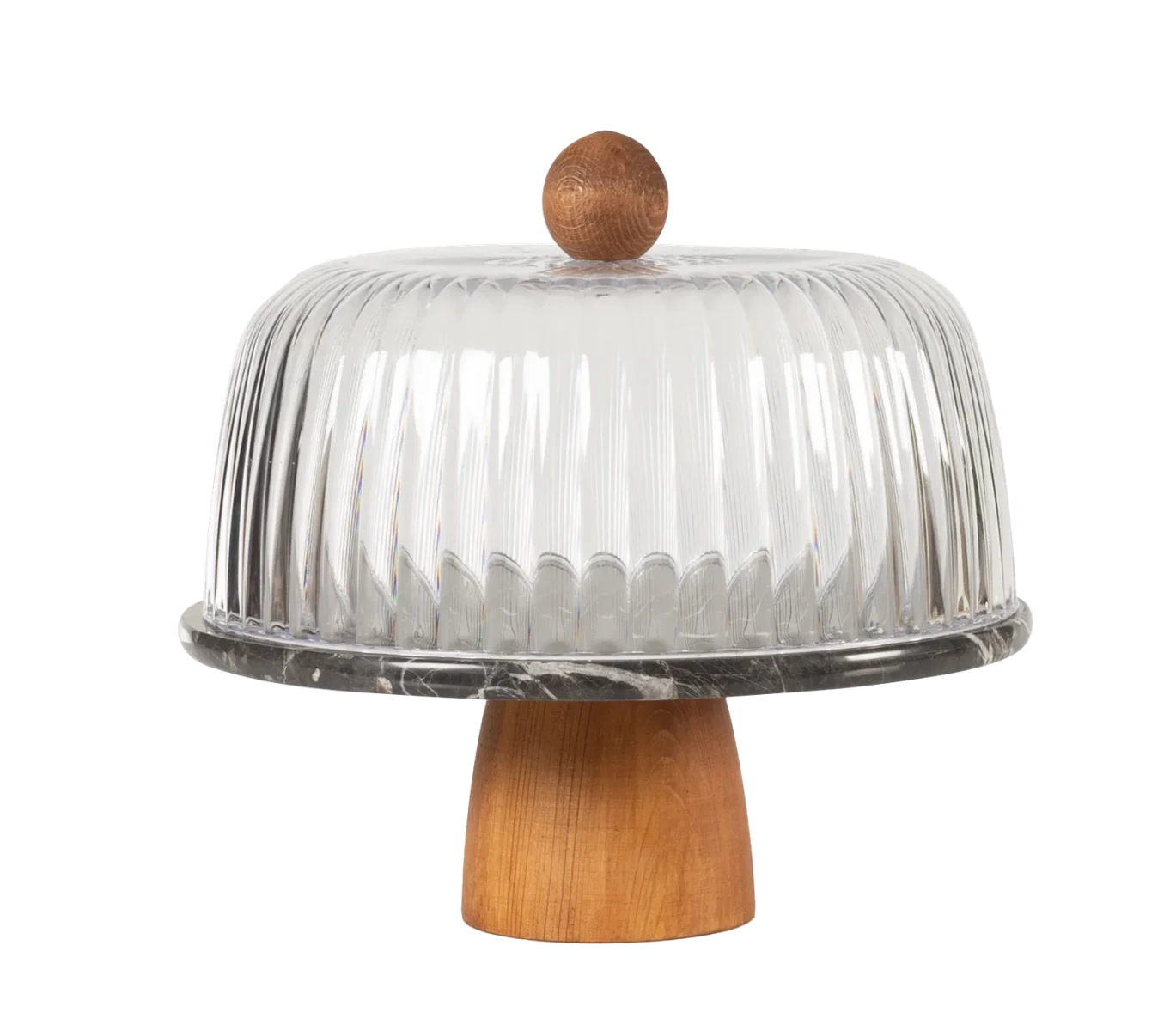Black Marble Cake Stand With Glass Dome And Wooden Pedestal