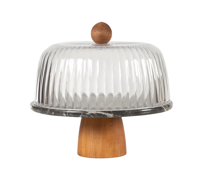 Black Marble Cake Stand With Glass Dome And Wooden Pedestal