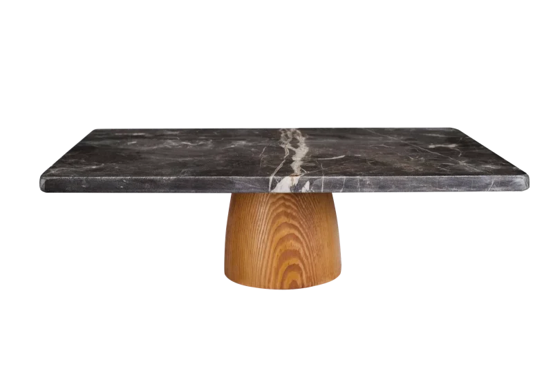 Black Marble Rectangular Serving Stand With Wooden Base