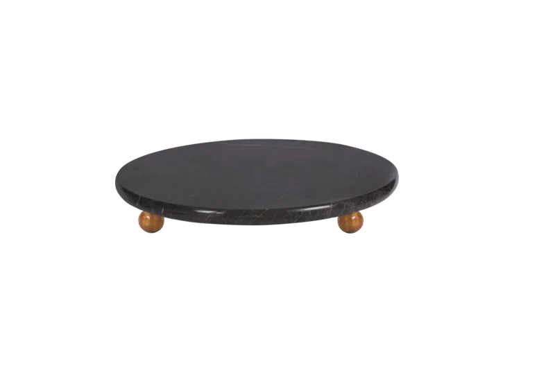 Black Marble Round Tray With Wooden Ball Feet