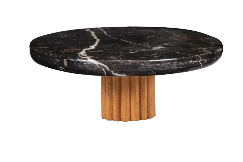 Black Marble Thick Top Cake Stand With Fluted Wooden Base