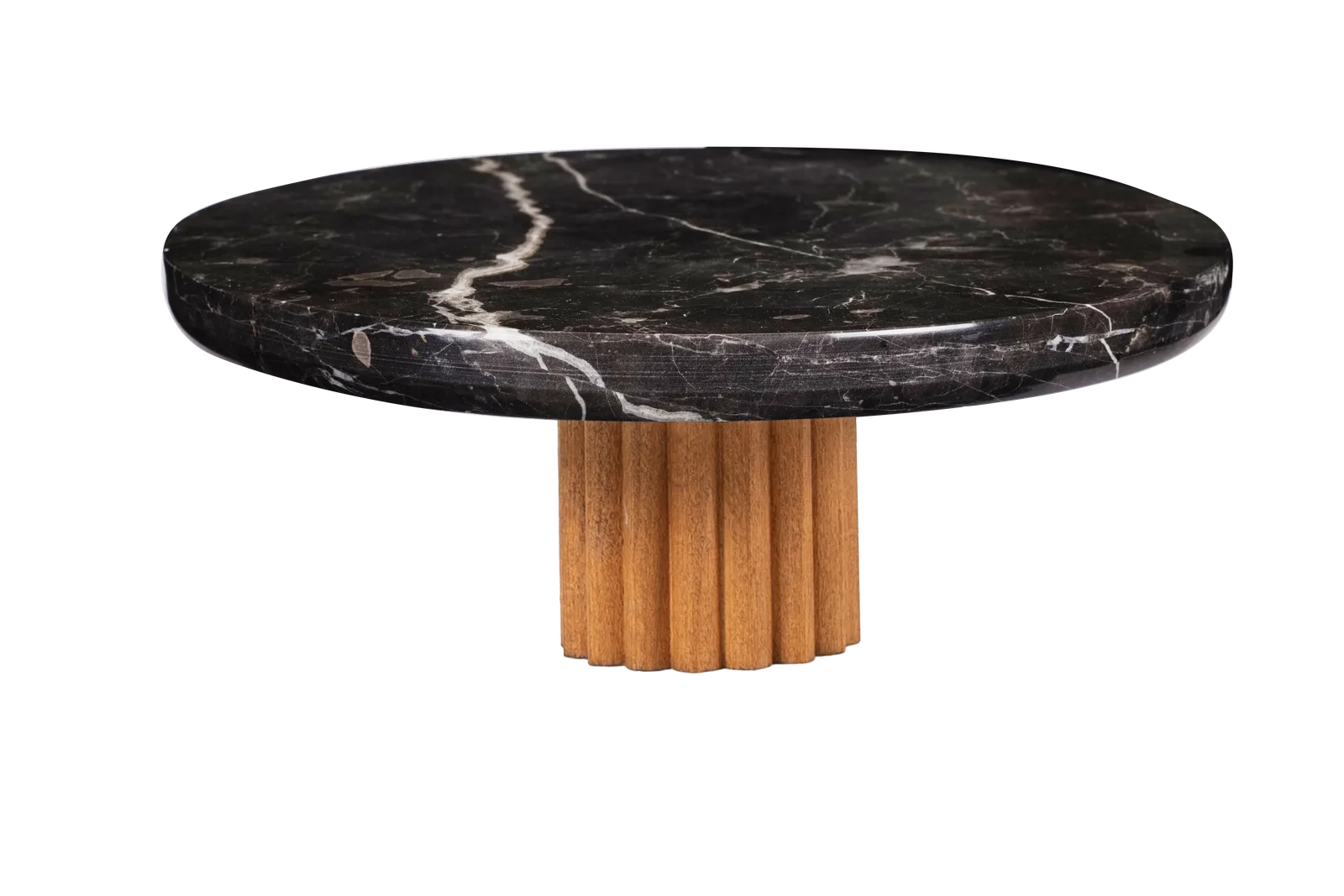 Black Marble Thick Top Cake Stand With Fluted Wooden Base