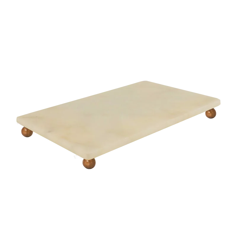 Cream Marble Rectangular Tray With Wooden Ball Feet