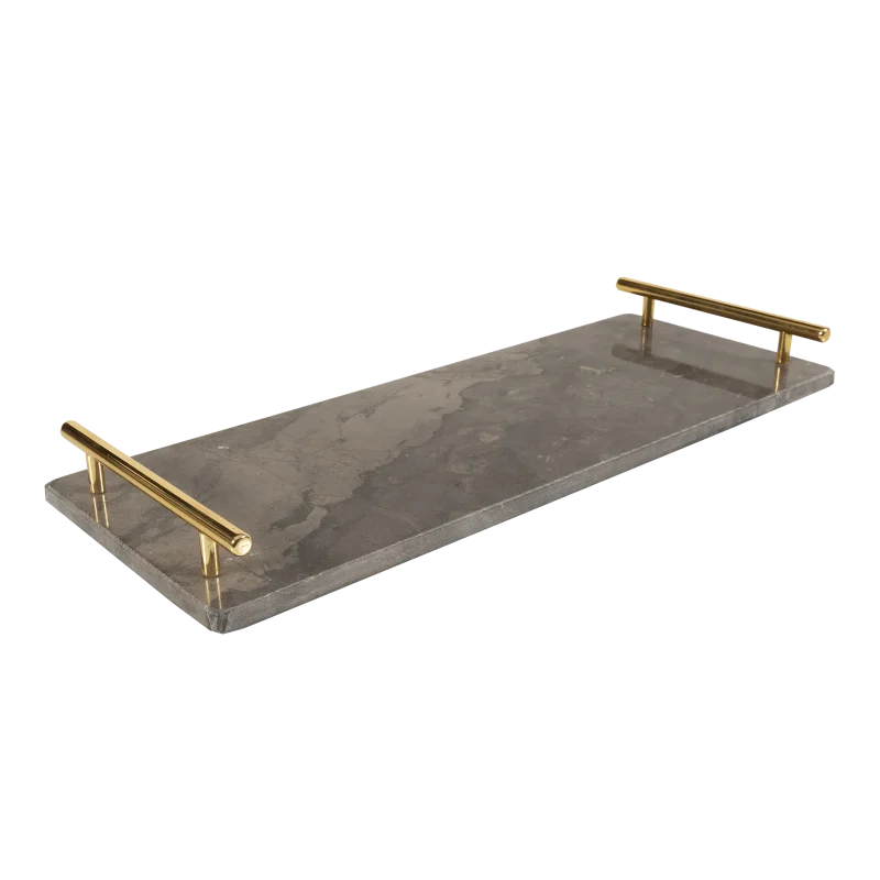 Grey Marble Long Tray With Gold Bar Handles