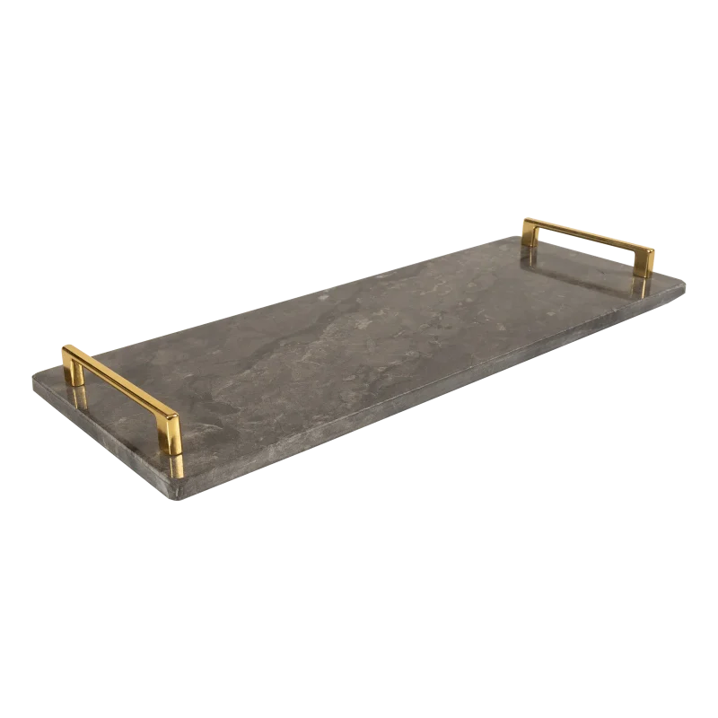 Grey Marble Long Tray With Gold Square Handles