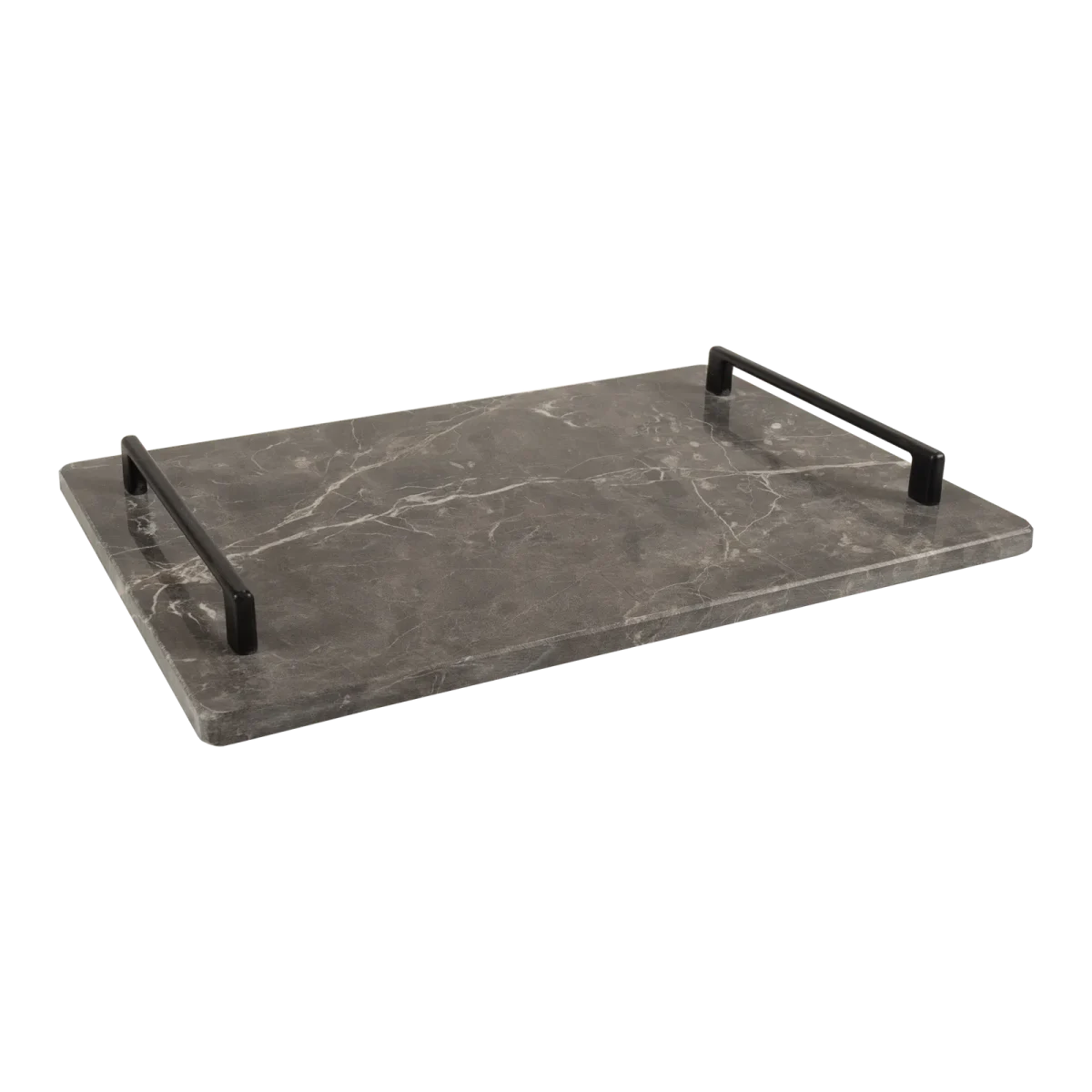 Grey Marble Rectangular Tray With Black Bar Handles
