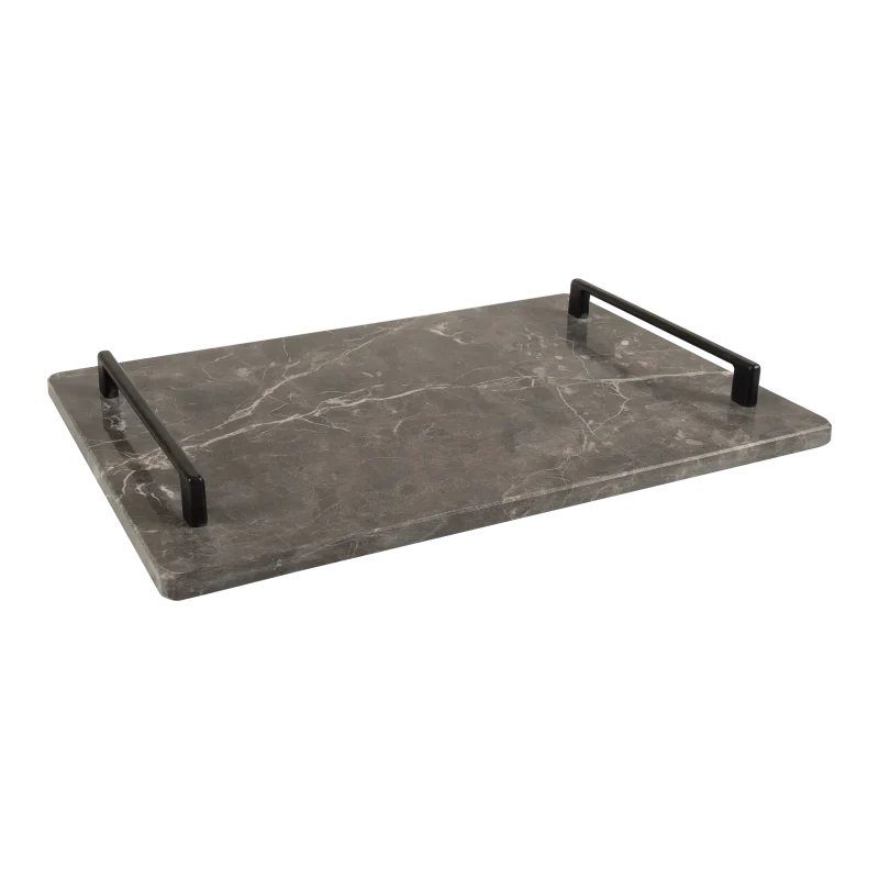 Grey Marble Rectangular Tray With Black Bar Handles