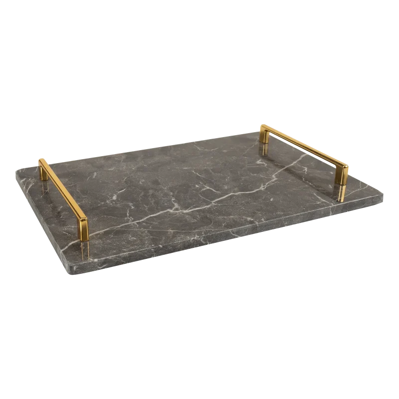 Grey Marble Rectangular Tray With Gold Square Handles