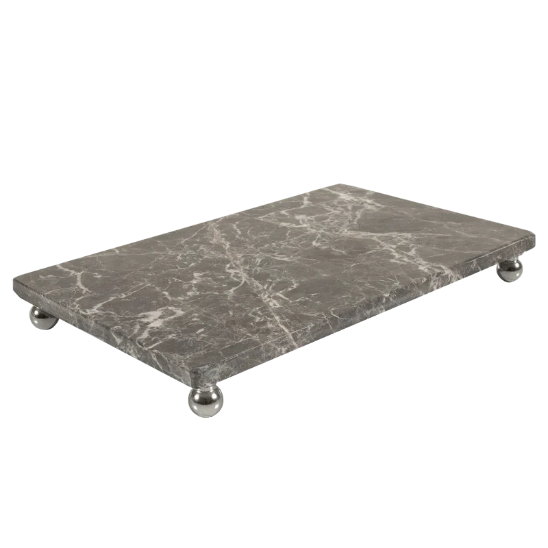 Grey Marble Rectangular Tray With Silver Ball Feet