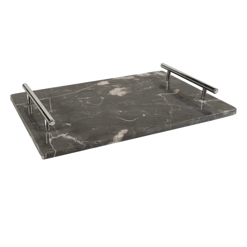 Grey Marble Rectangular Tray With Silver Bar Handles