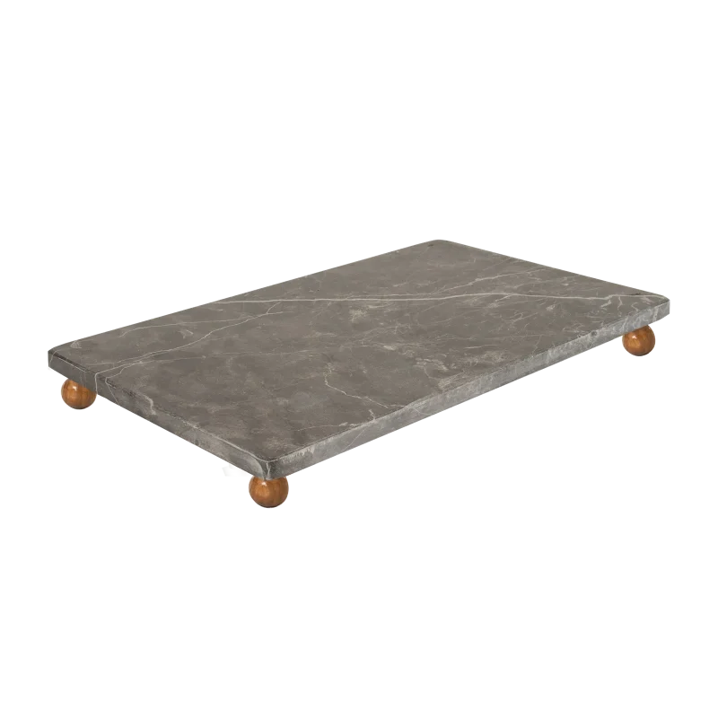 Grey Marble Rectangular Tray With Wooden Ball Feet