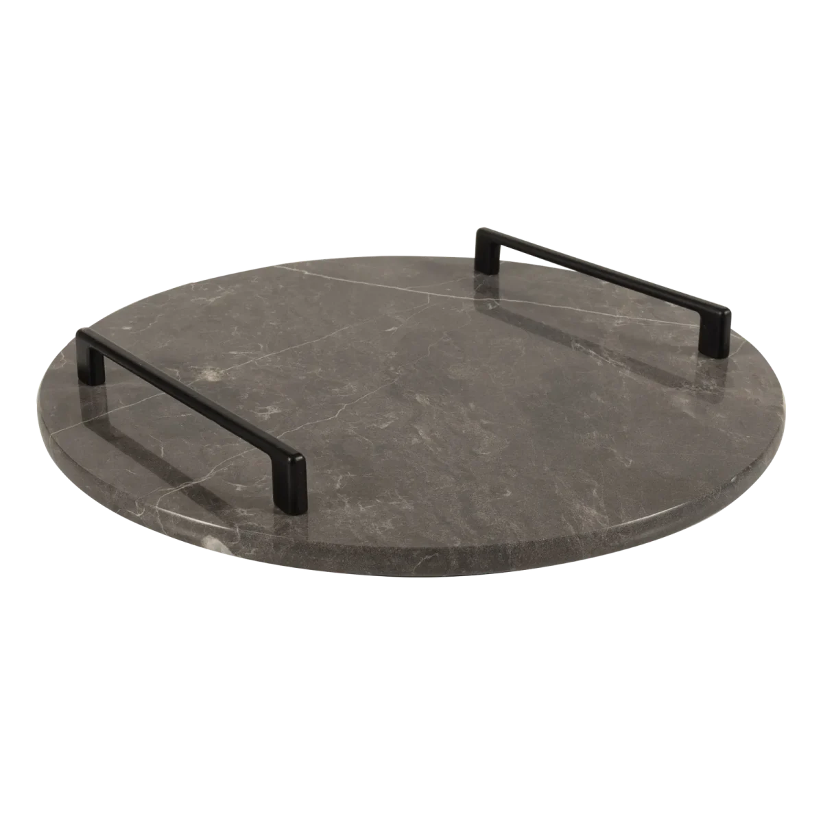 Grey Marble Round Tray With Black Bar Handles
