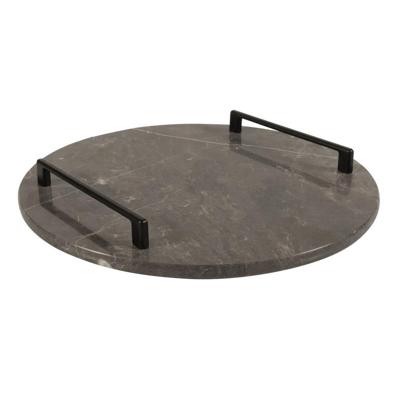 Grey Marble Round Tray With Black Bar Handles