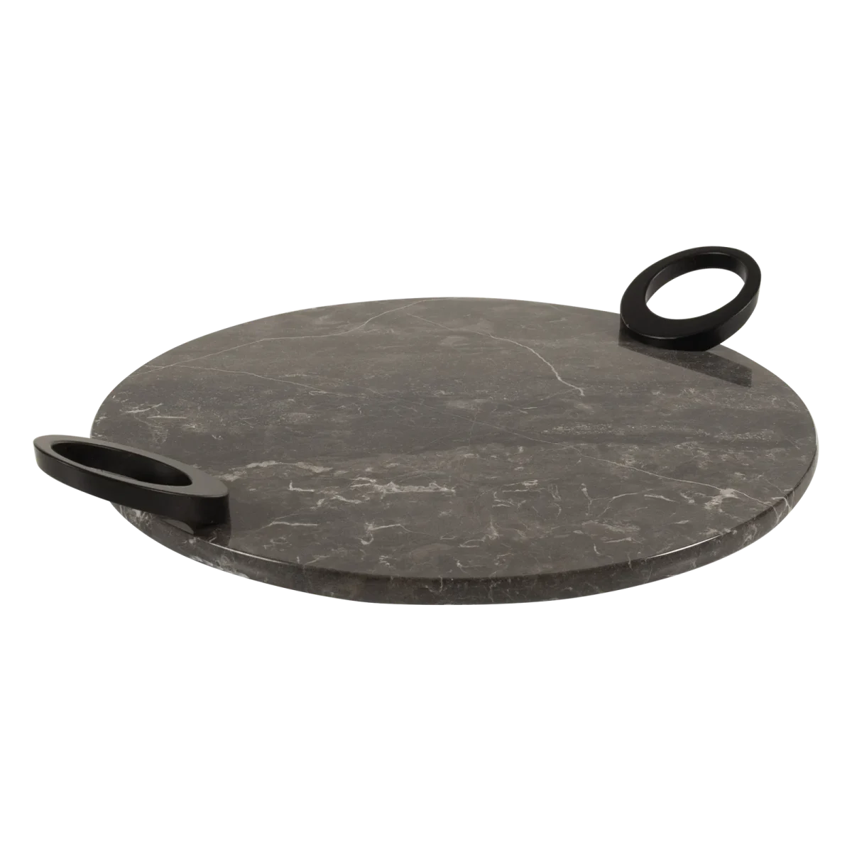 Grey Marble Round Tray With Black Oval Ring Handles