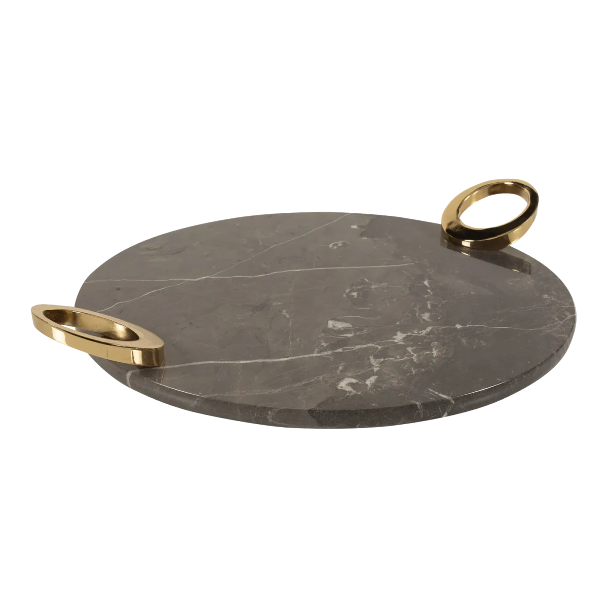 Grey Marble Round Tray With Gold Oval Ring Handles