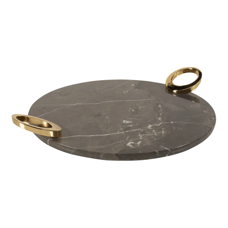 Grey Marble Round Tray With Gold Oval Ring Handles
