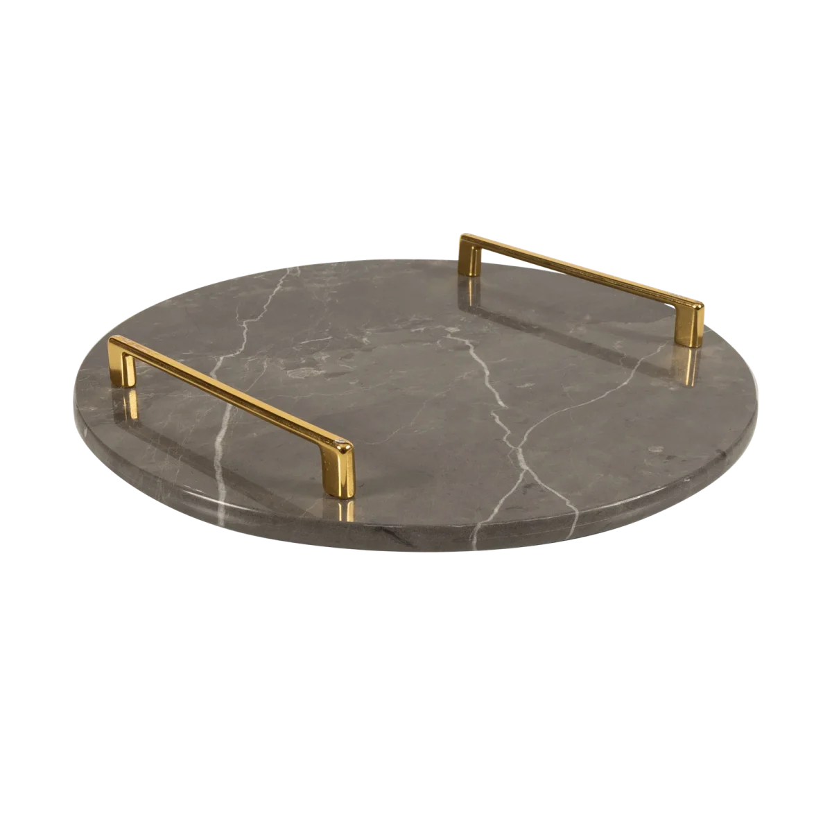 Grey Marble Round Tray With Gold Square Handles
