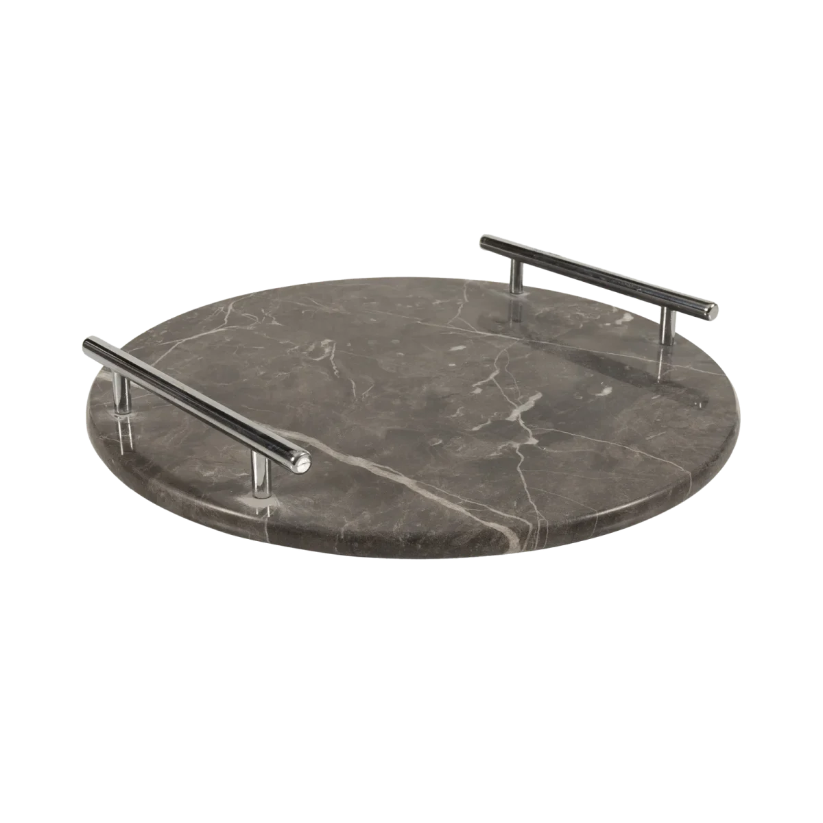 Grey Marble Round Tray With Silver Bar Handles