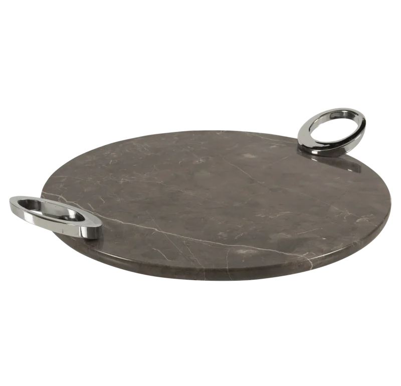 Grey Marble Round Tray With Silver Oval Ring Handles
