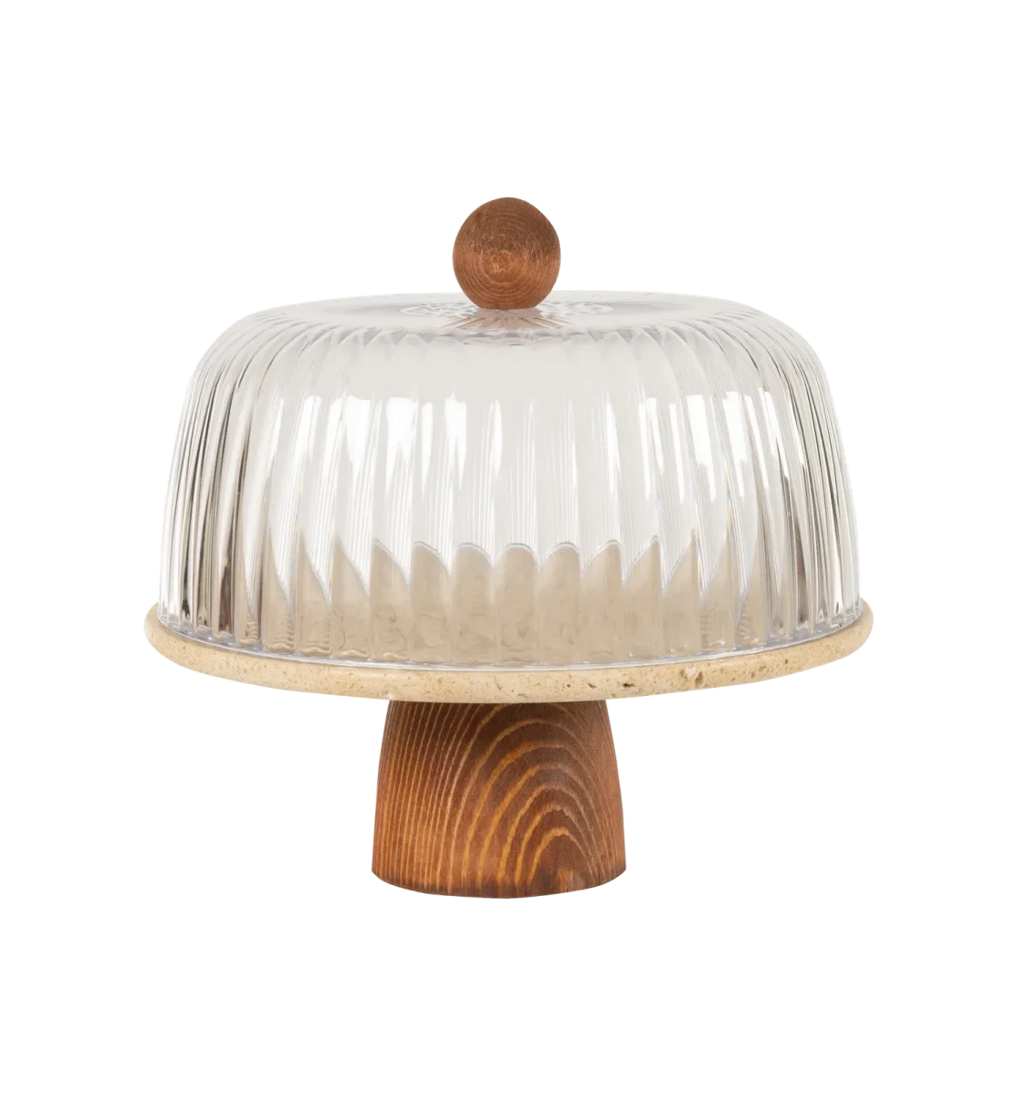 Travertine Cake Stand With Glass Dome And Natural Wooden Base