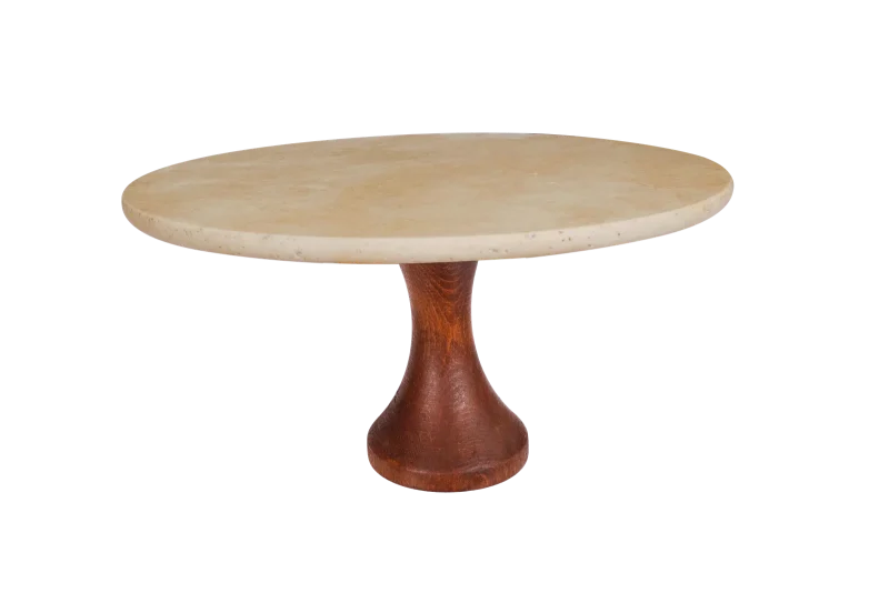 Travertine Cake Stand With Turned Wooden Pedestal