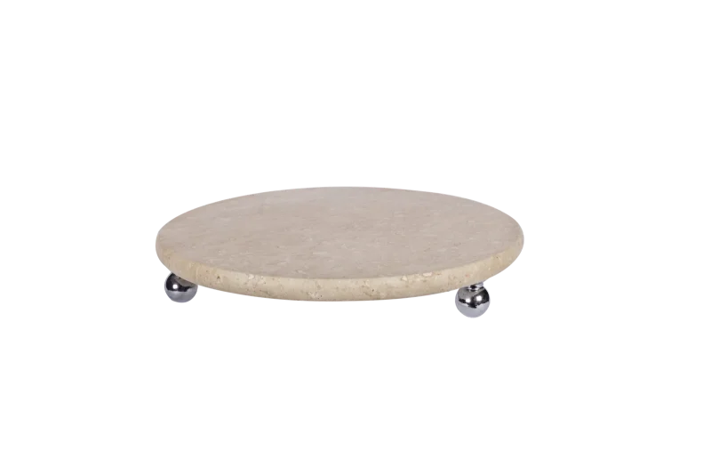 Travertine Round Tray With Silver Ball Feet