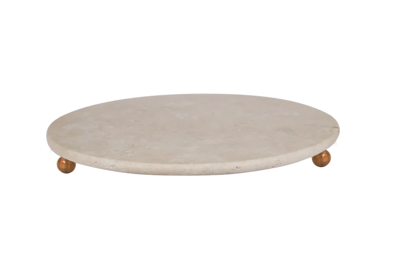 Travertine Round Tray With Wooden Ball Feet