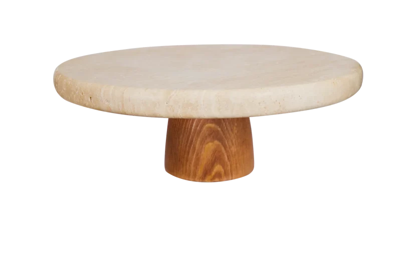 Travertine Thick Top Cake Stand With Wooden Base