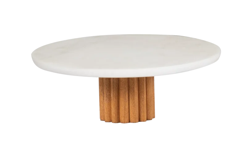 White Marble Cake Stand With Fluted Wooden Base