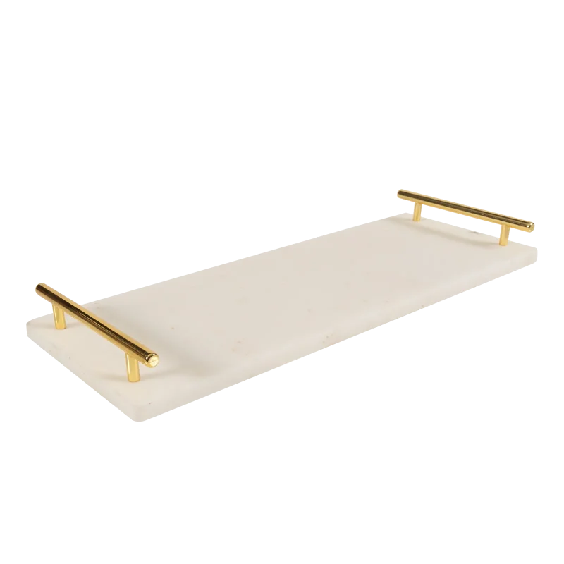 White Marble Long Tray With Gold Bar Handles