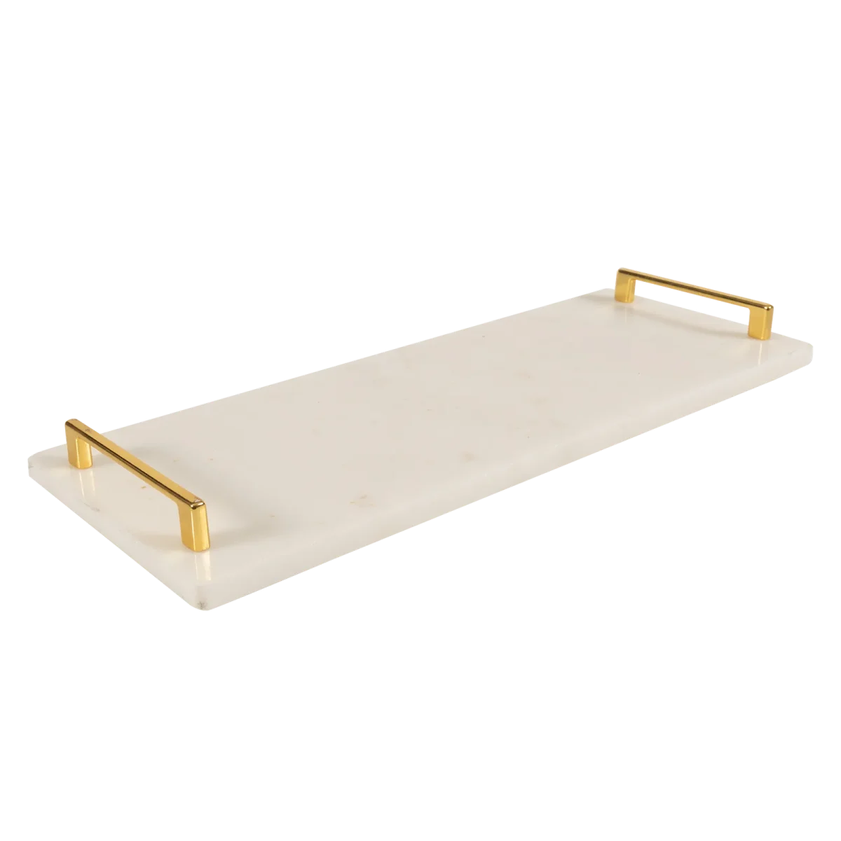 White Marble Long Tray With Gold Square Handles
