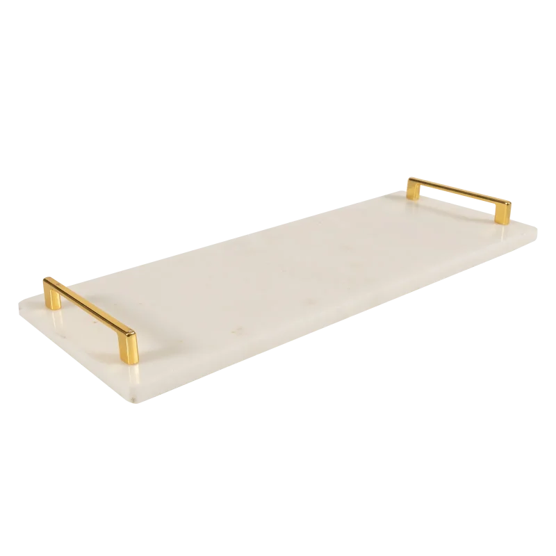 White Marble Long Tray With Gold Square Handles