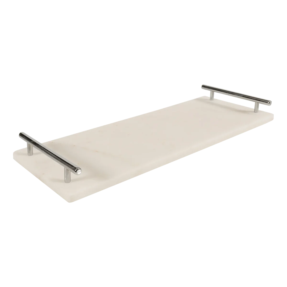 White Marble Long Tray With Silver Bar Handles