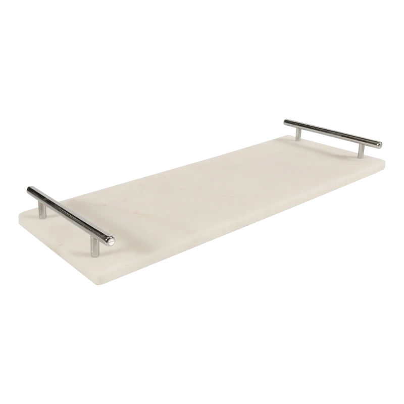 White Marble Long Tray With Silver Bar Handles