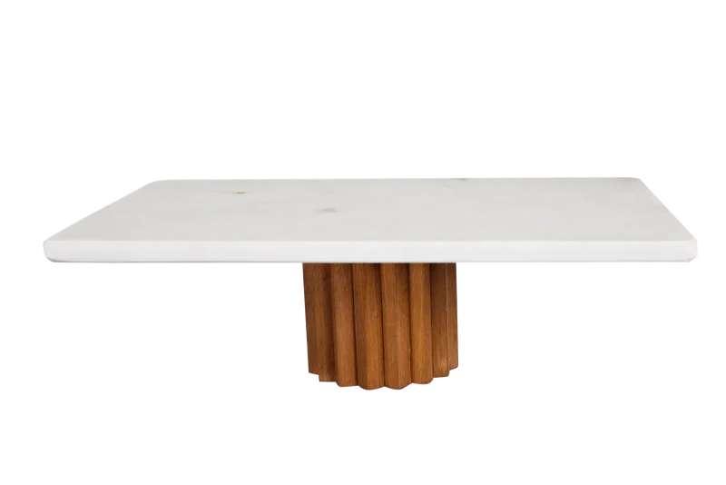 White Marble Rectangular Serving Stand With Fluted Wooden Base