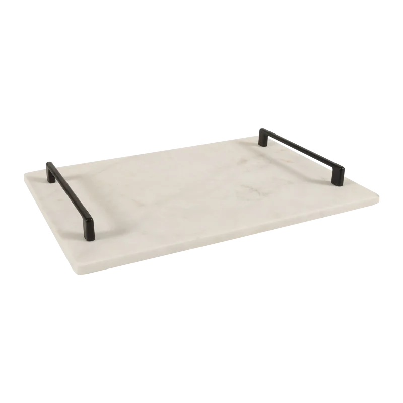 White Marble Rectangular Tray With Black Bar Handles