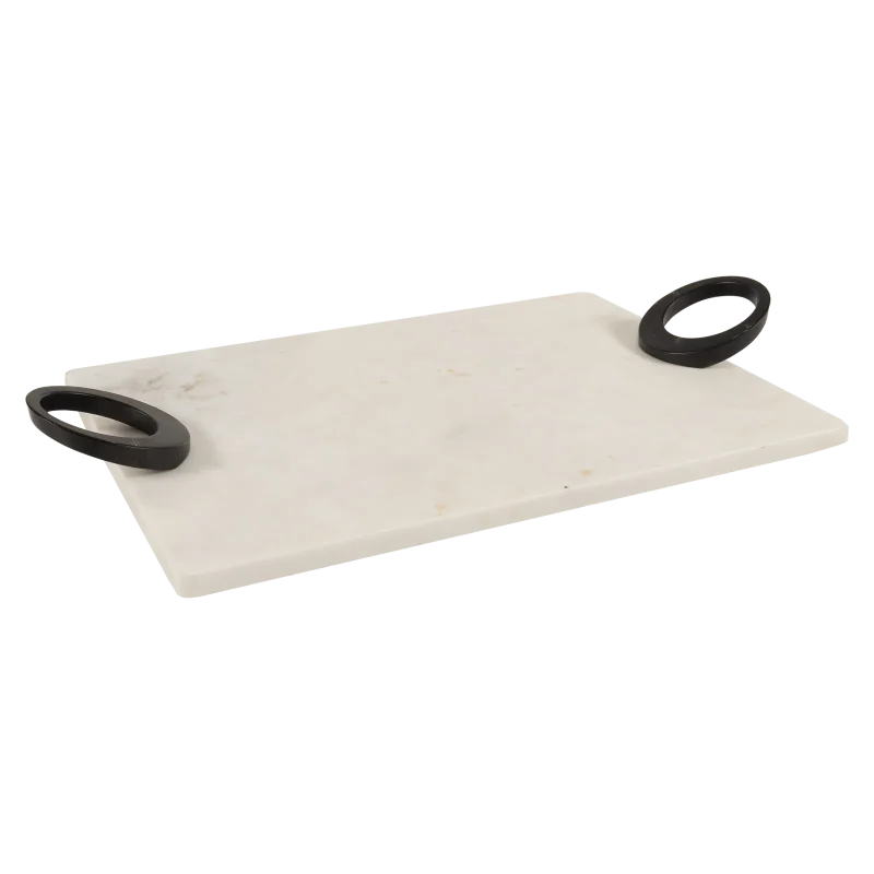 White Marble Rectangular Tray With Black Oval Ring Handles