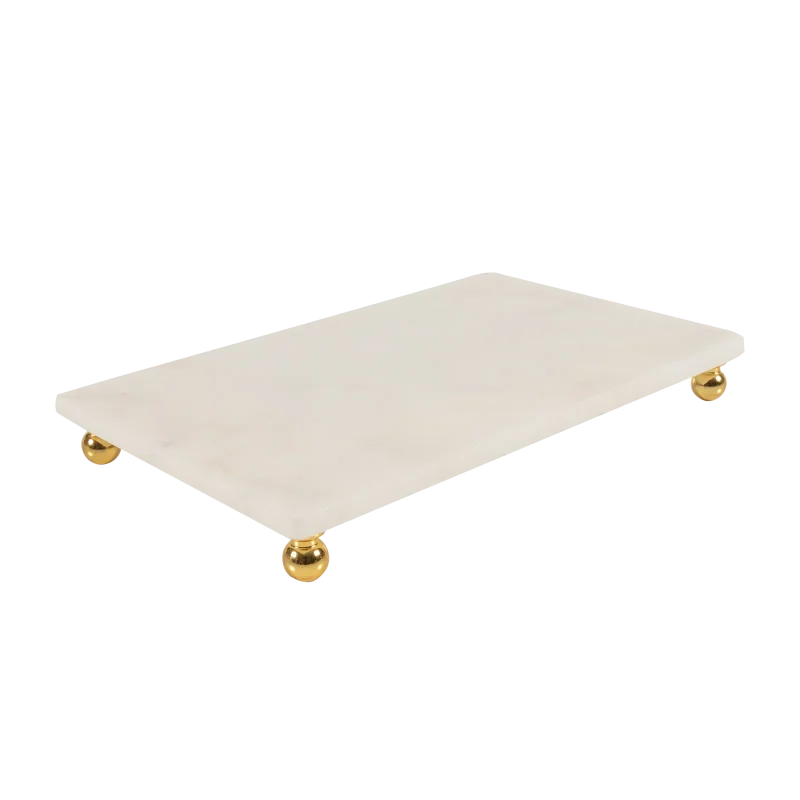 White Marble Rectangular Tray With Gold Ball Feet