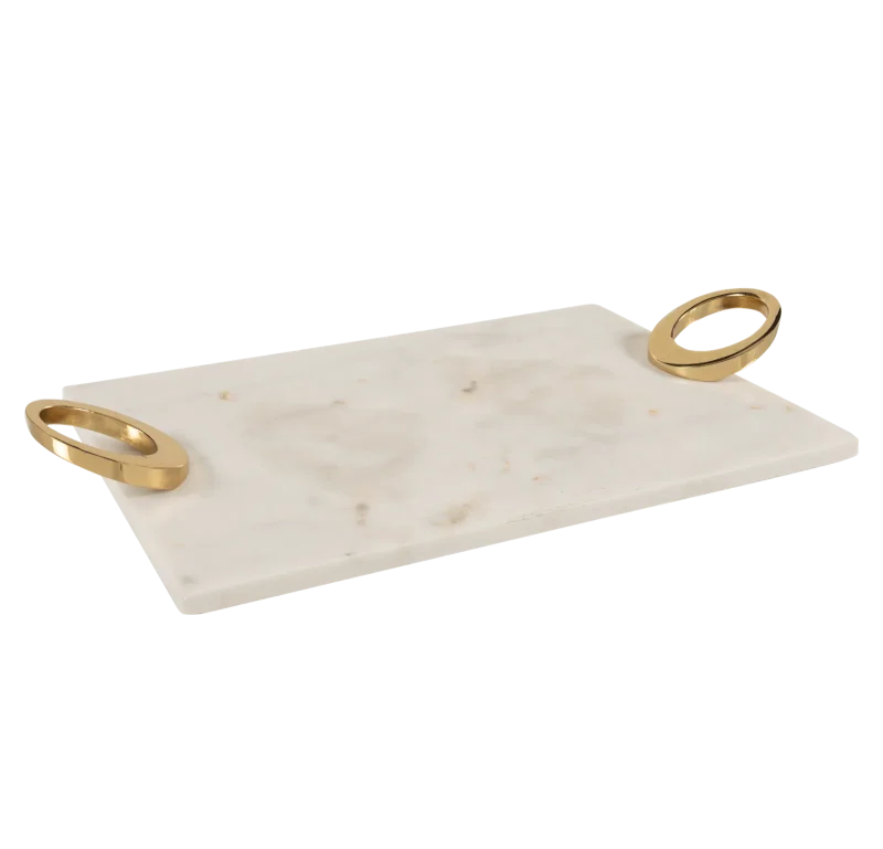 White Marble Rectangular Tray With Gold Oval Ring Handles