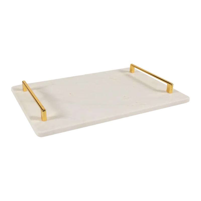 White Marble Rectangular Tray With Gold Square Handles