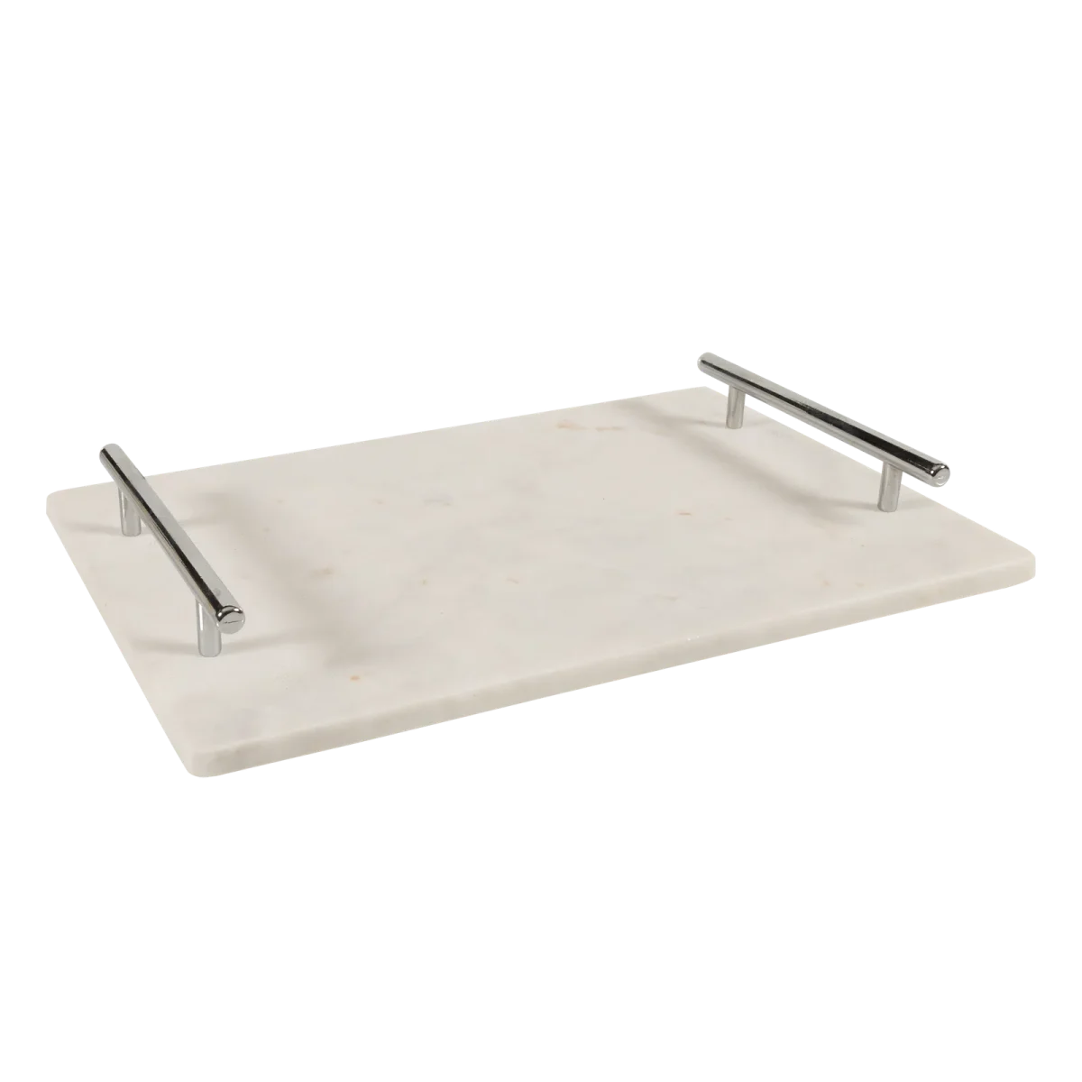 White Marble Rectangular Tray With Silver Bar Handles