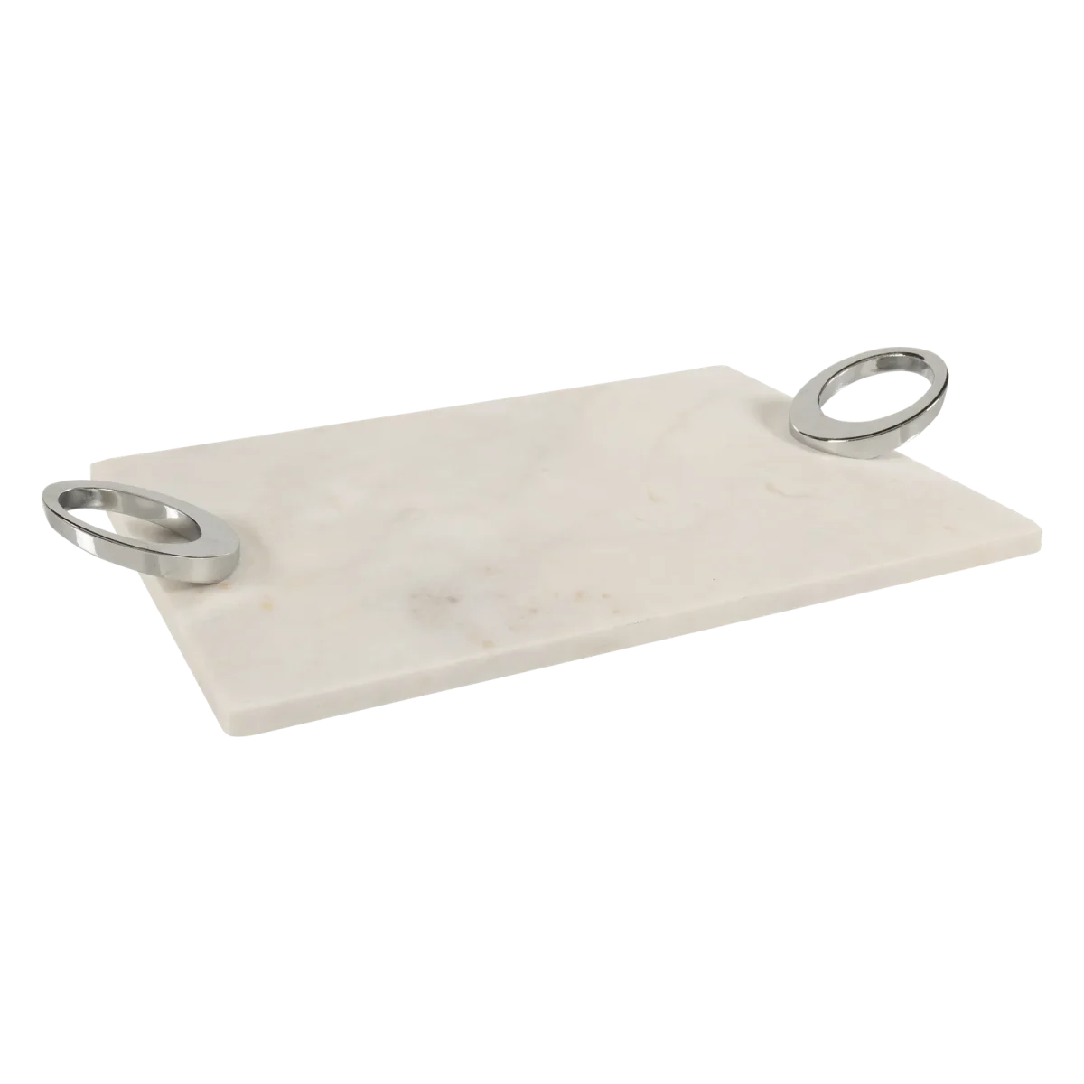 White Marble Rectangular Tray With Silver Oval Ring Handles