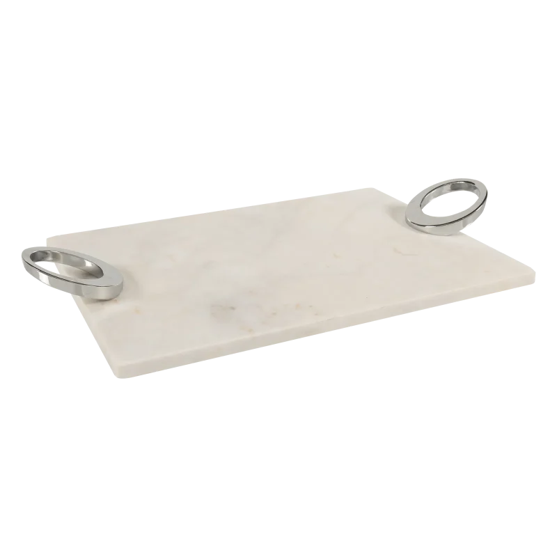 White Marble Rectangular Tray With Silver Oval Ring Handles