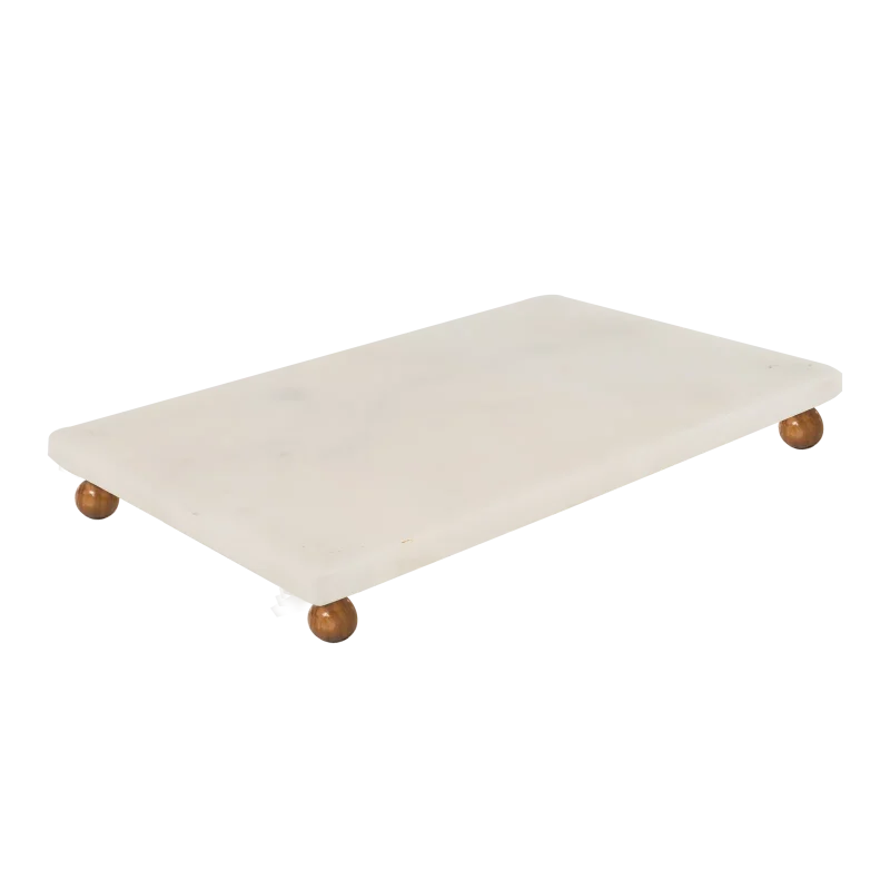 White Marble Rectangular Tray With Wooden Ball Feet