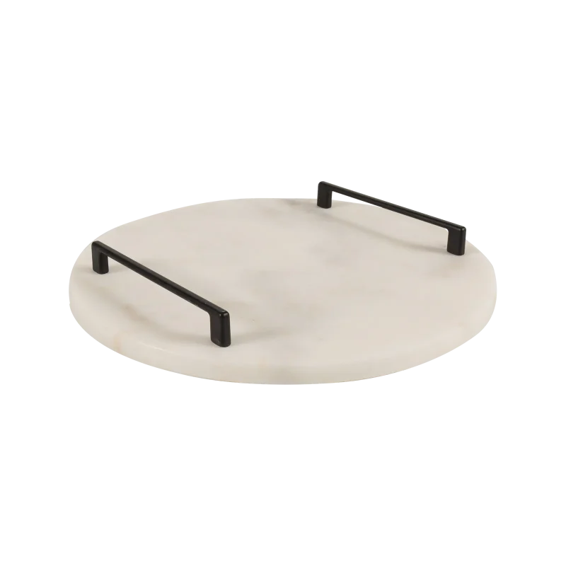 White Marble Round Tray With Black Bar Handles