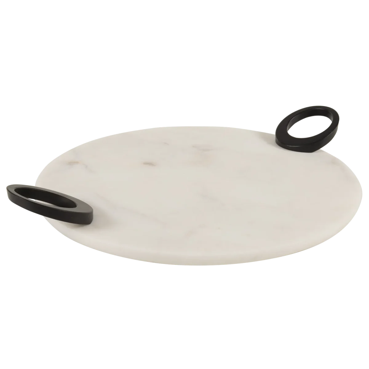 White Marble Round Tray With Black Oval Ring Handles
