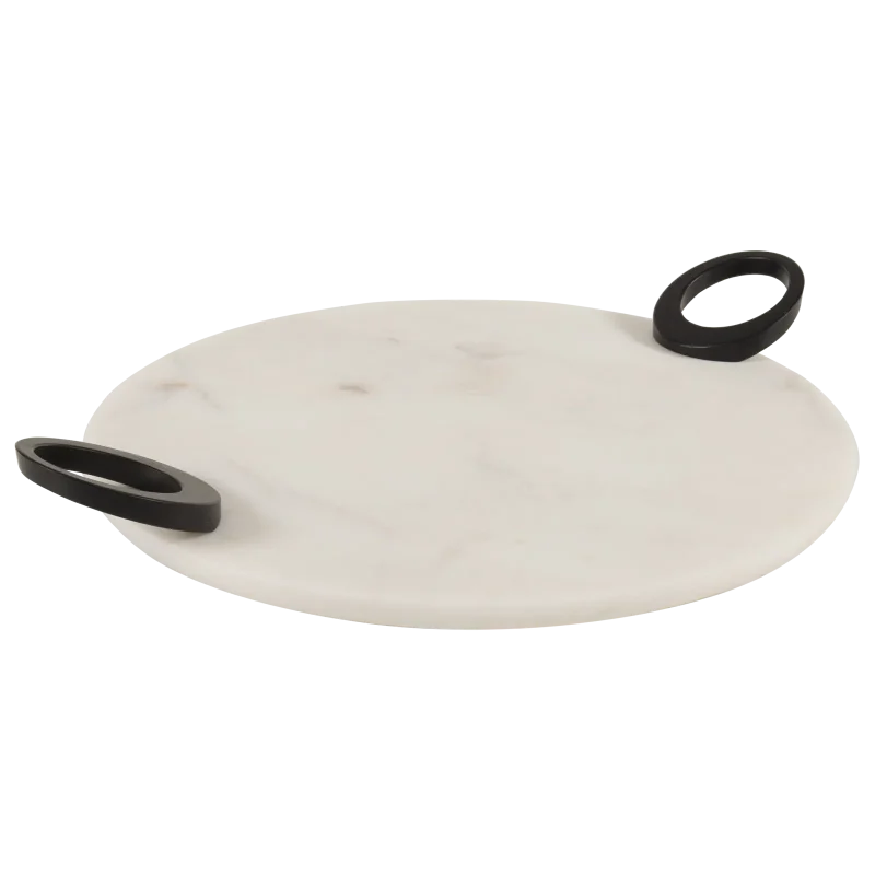 White Marble Round Tray With Black Oval Ring Handles